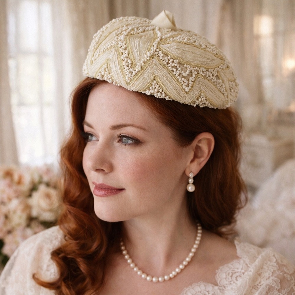 Gladys & Belle Ivory Beaded Soutache Halo‎ Beret Cocktail Hat Bridal OS